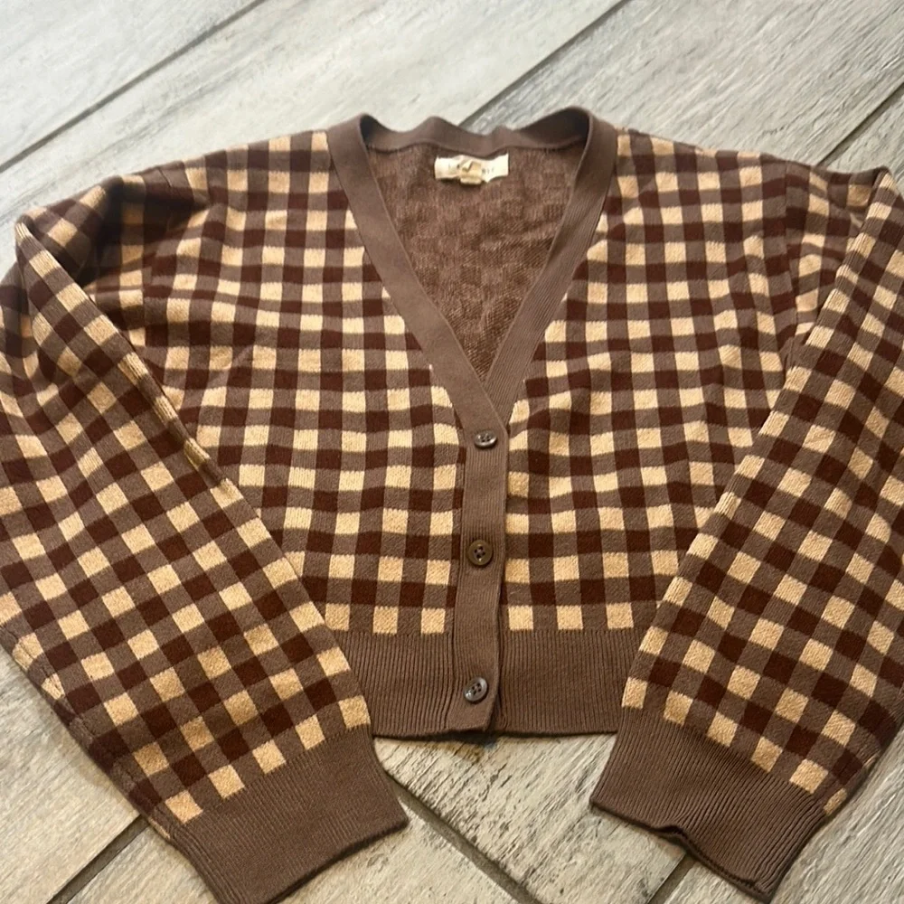 LA Hearts Cropped Soft Chocolate Brown Checkered Women's Sweater XS - Picture 1 of 4